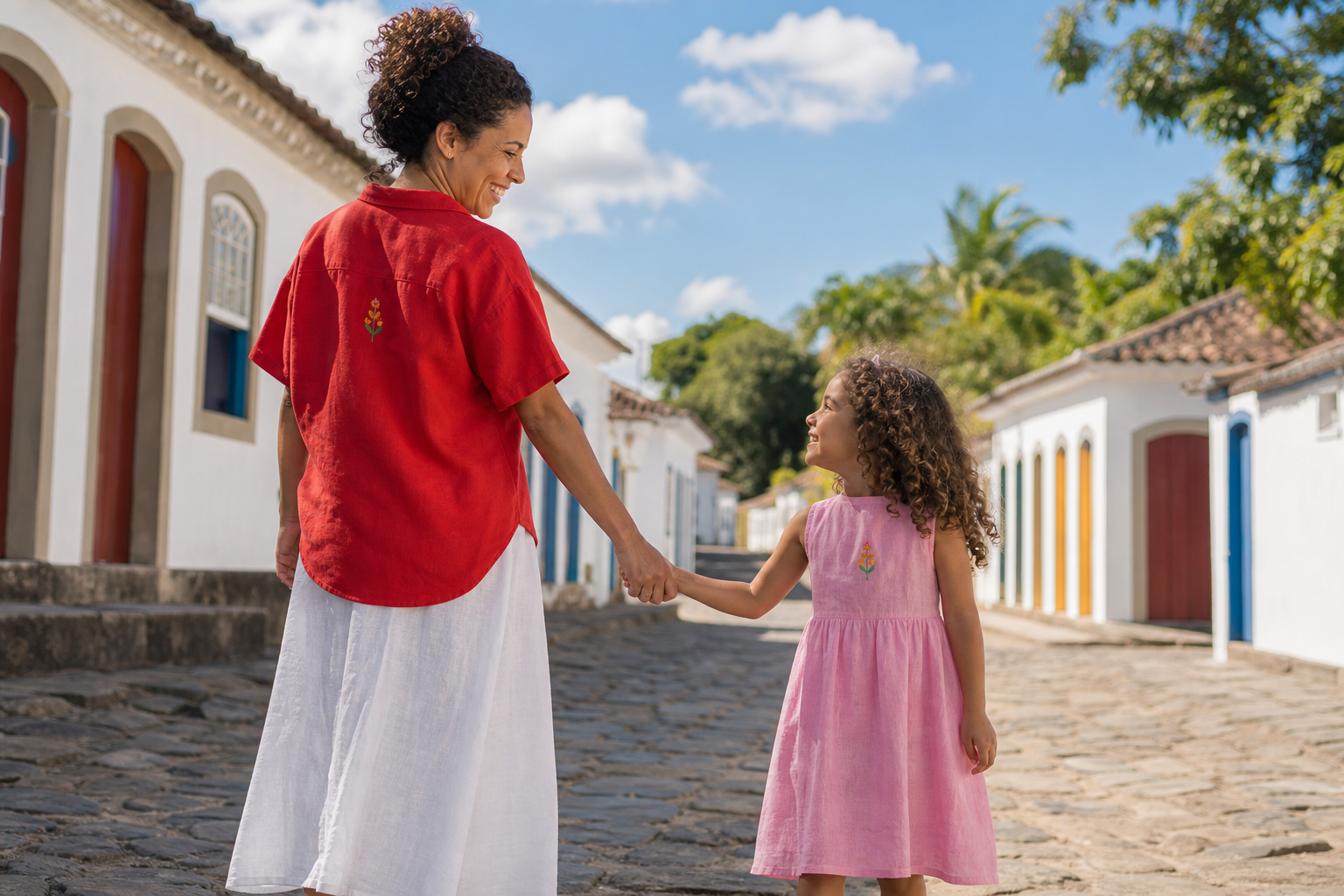 Mãe e filha de mãos dadas em rua histórica com peças de linho vermelho e rosa e o mesmo bordado