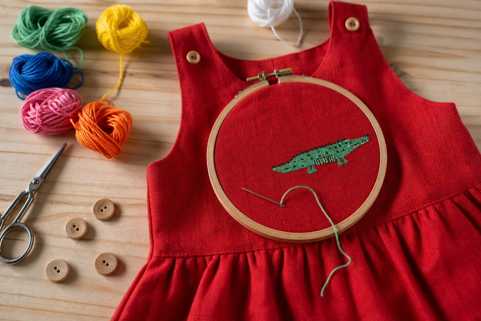 Mesa de bordado com peça infantil de linho vermelho em produção, bastidor e linhas coloridas