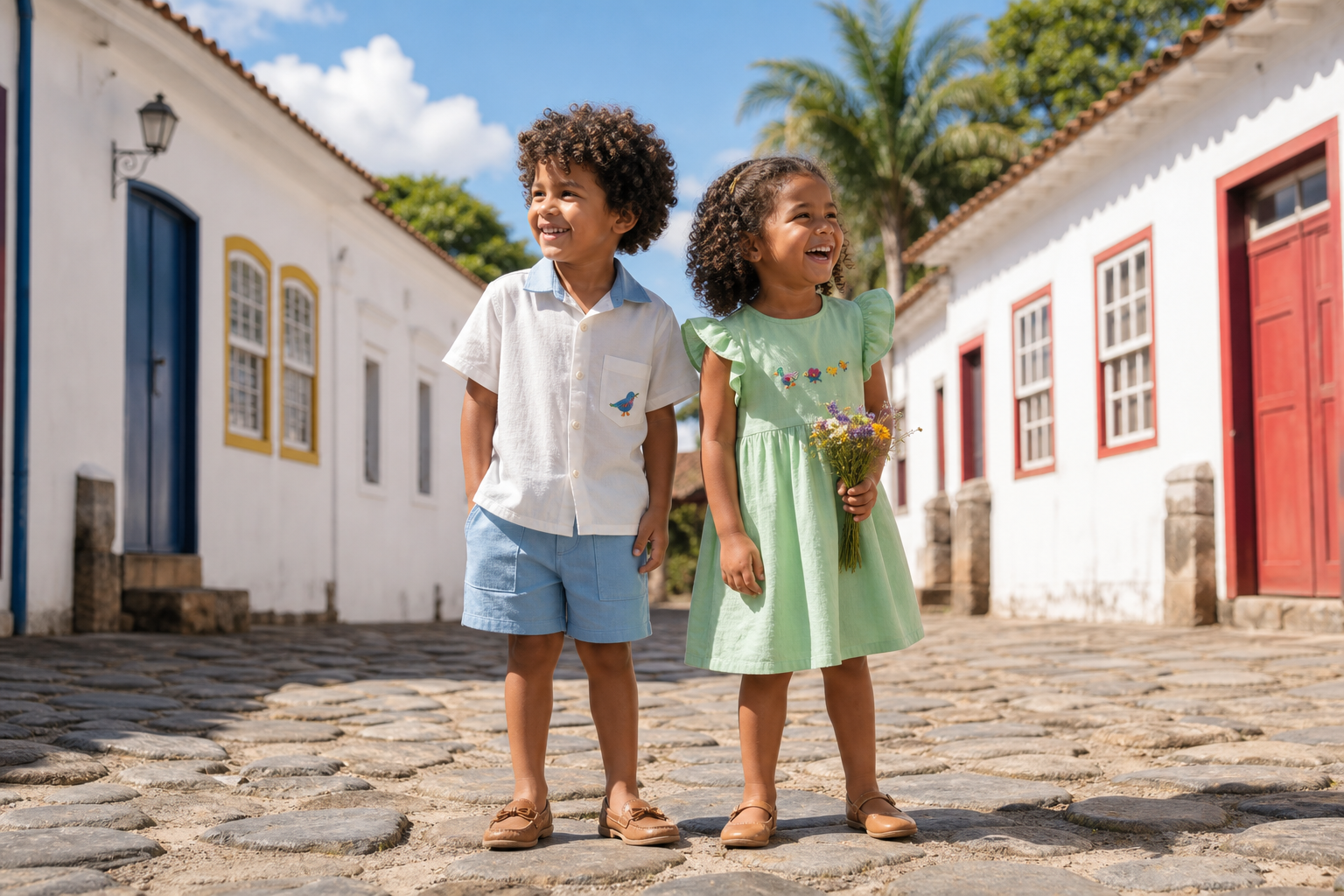 Menino e menina arrumados com peças de linho claro e bordado à mão em rua histórica