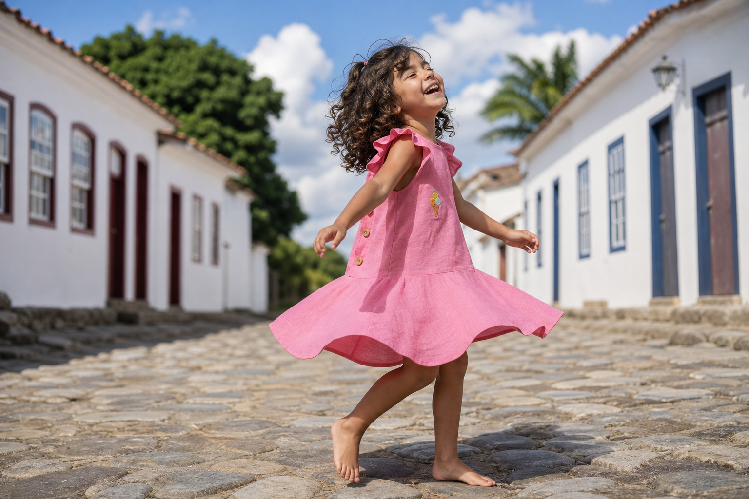 Menina rodando com vestido de linho rosa e bordado à mão de sorvete na rua histórica