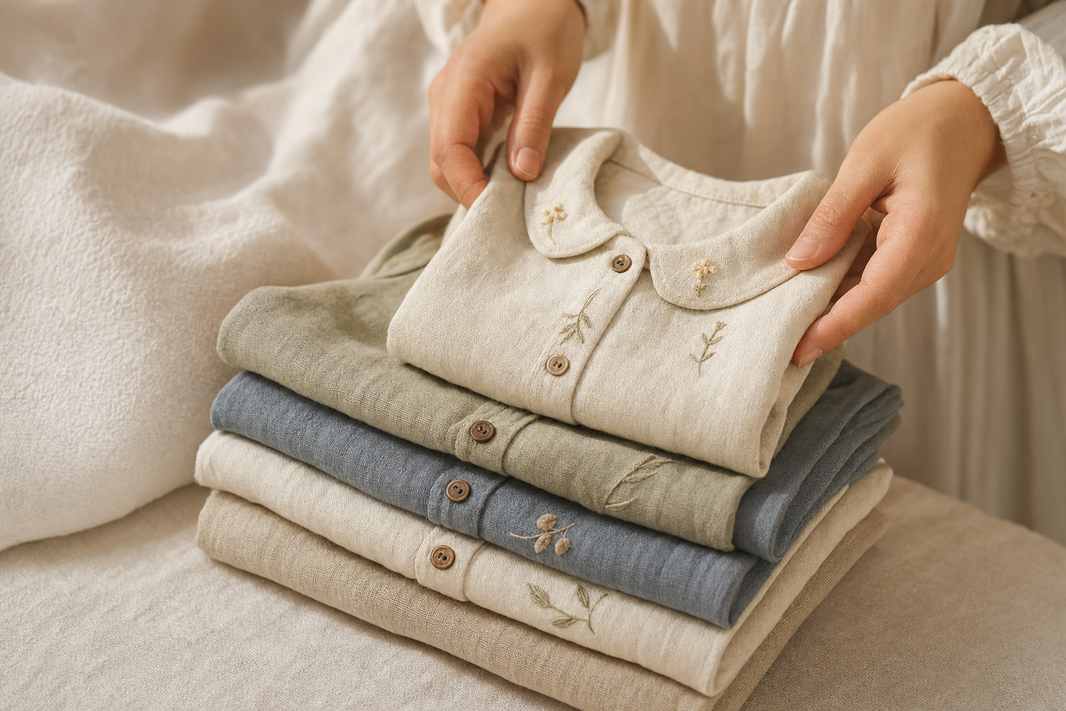 Pilha de roupas infantis de linho dobradas com cuidado, com bordado manual