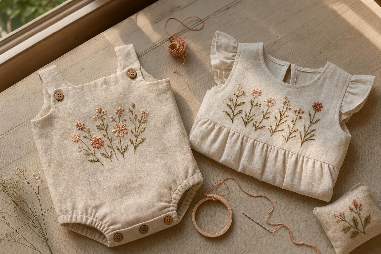 Macaquinho e vestido infantil de linho com bordado floral feito à mão sobre mesa de madeira
