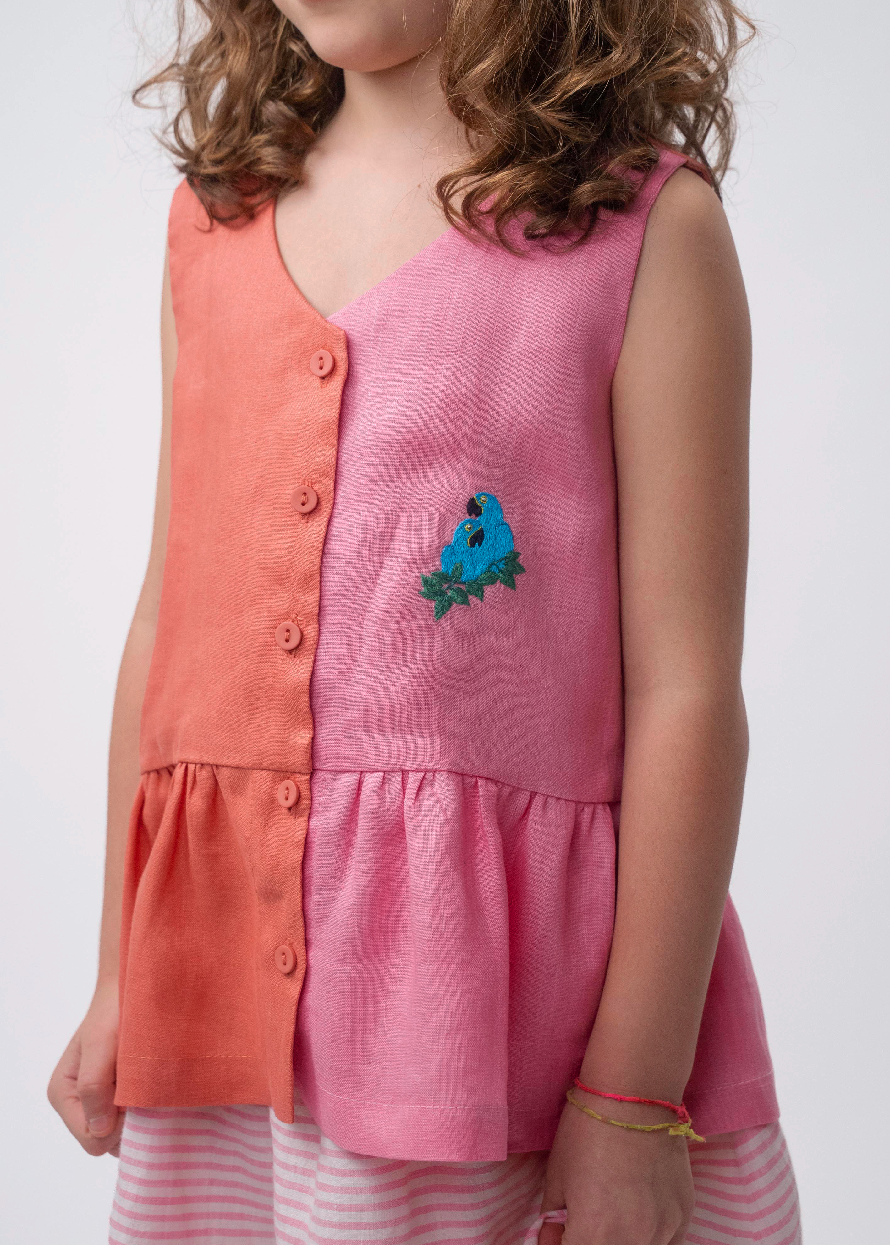 Detalhe da Bata Lola vestida, com decote em V, abotoamento frontal, combinação rosa e coral e bordado de araras.