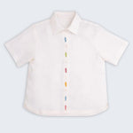 Camisa feminina em linho puro branco com bordado de peixes coloridos na frente feito à mão