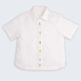 Camisa feminina em linho puro branco com bordado de peixes coloridos na frente feito à mão