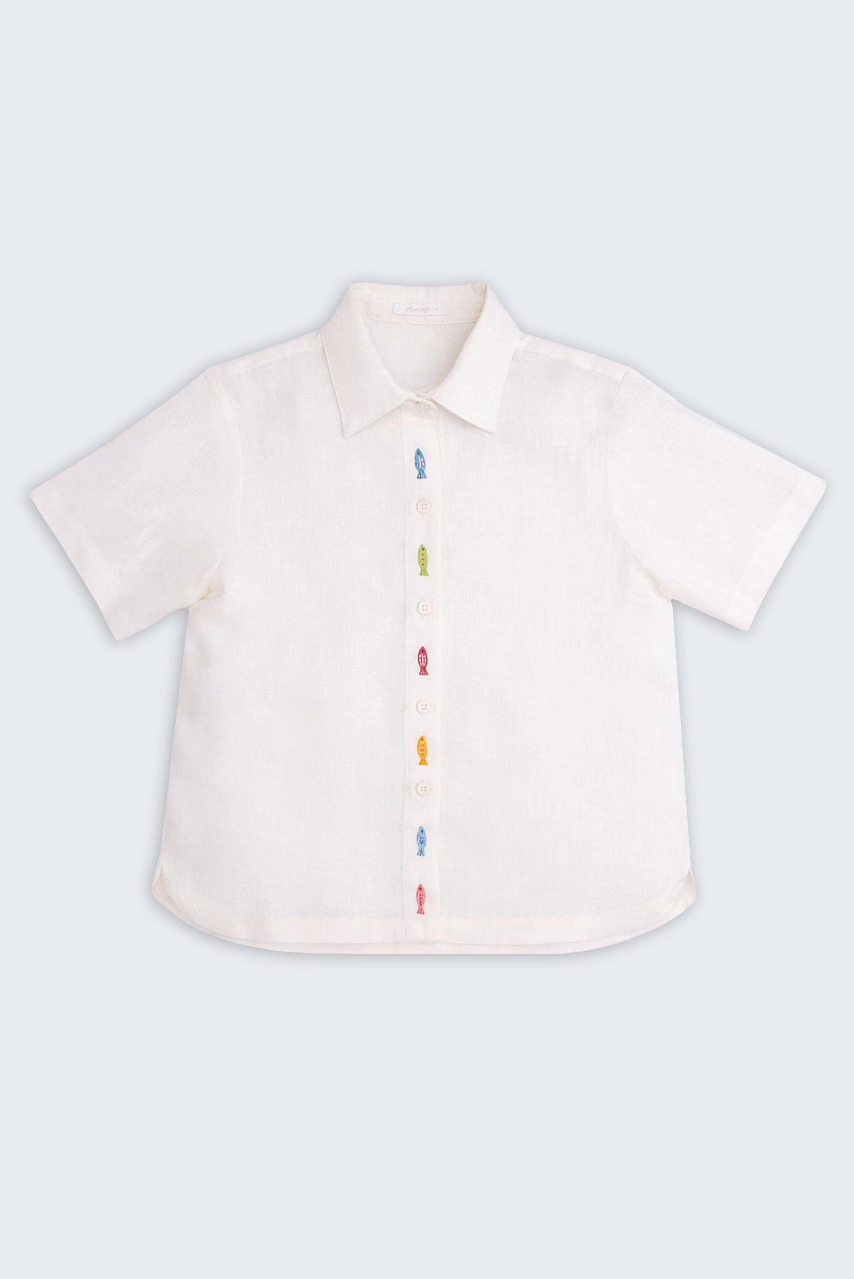 Camisa feminina em linho puro branco com bordado de peixes coloridos na frente feito à mão