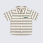 Camisa infantil menino listrada verde oliva e off-white com manga curta e bordado de jacaré vista frontal