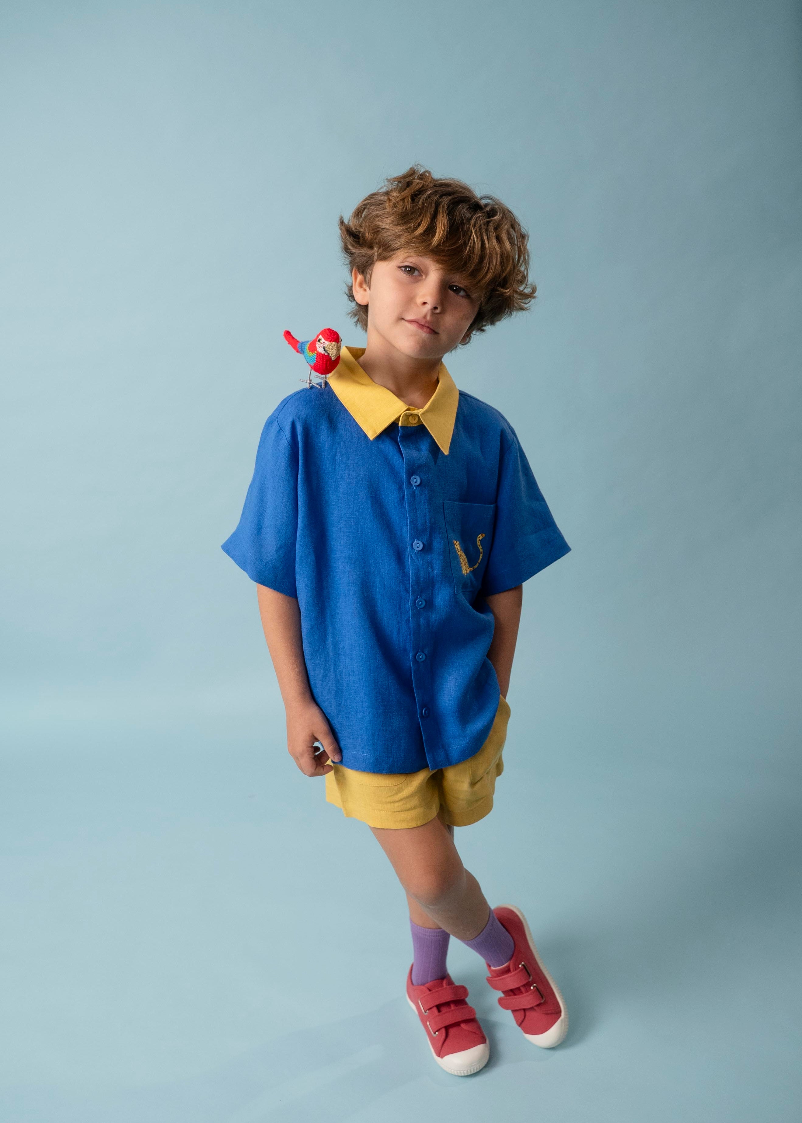 Menino usando Camisa Tom em linho azul e amarelo com bordado de onça, em look infantil colorido da coleção Nosso Brasil