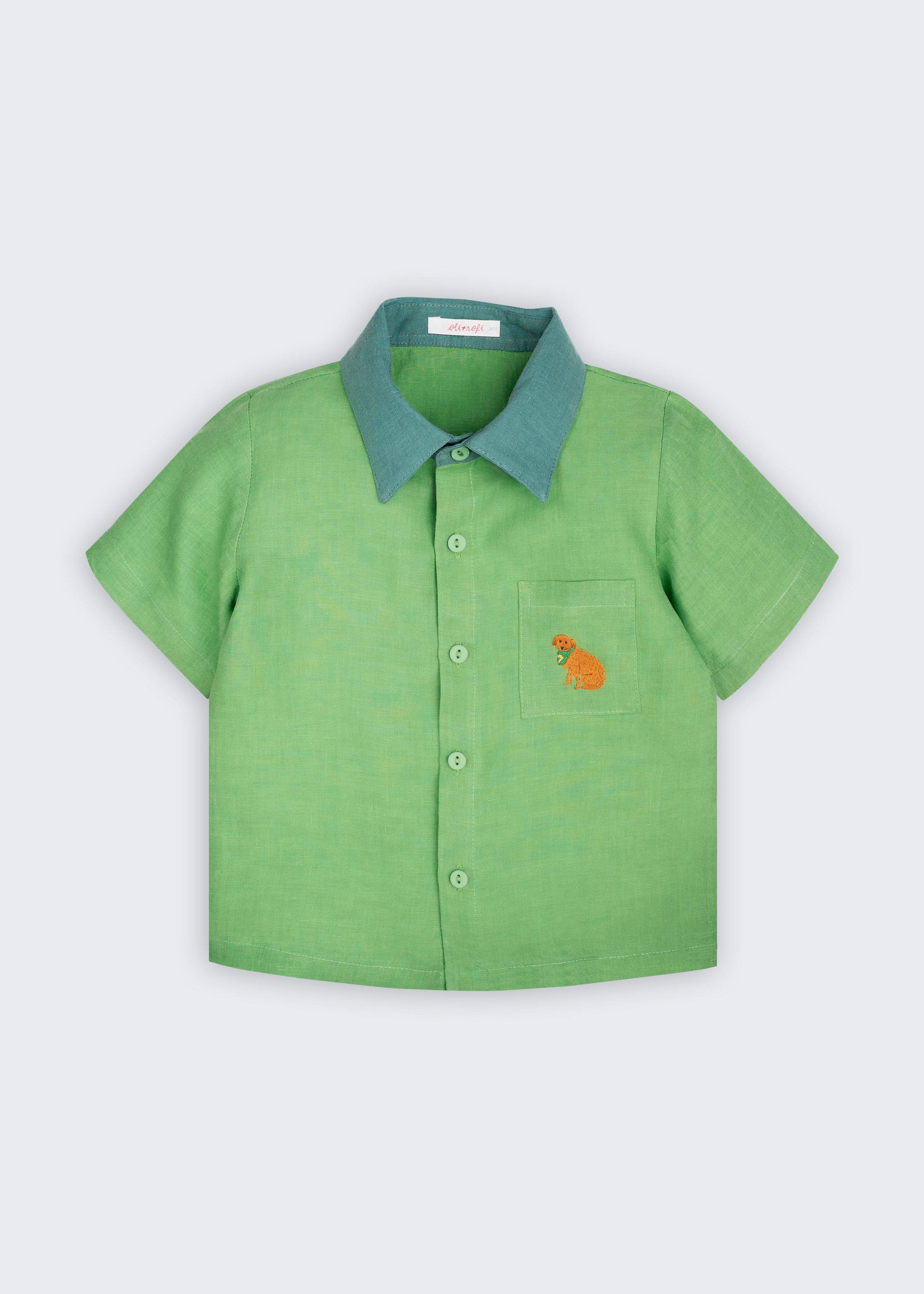 Camisa infantil Tom em linho verde com gola verde aspargo e cachorro caramelo bordado à mão no bolso frontal, vista de frente