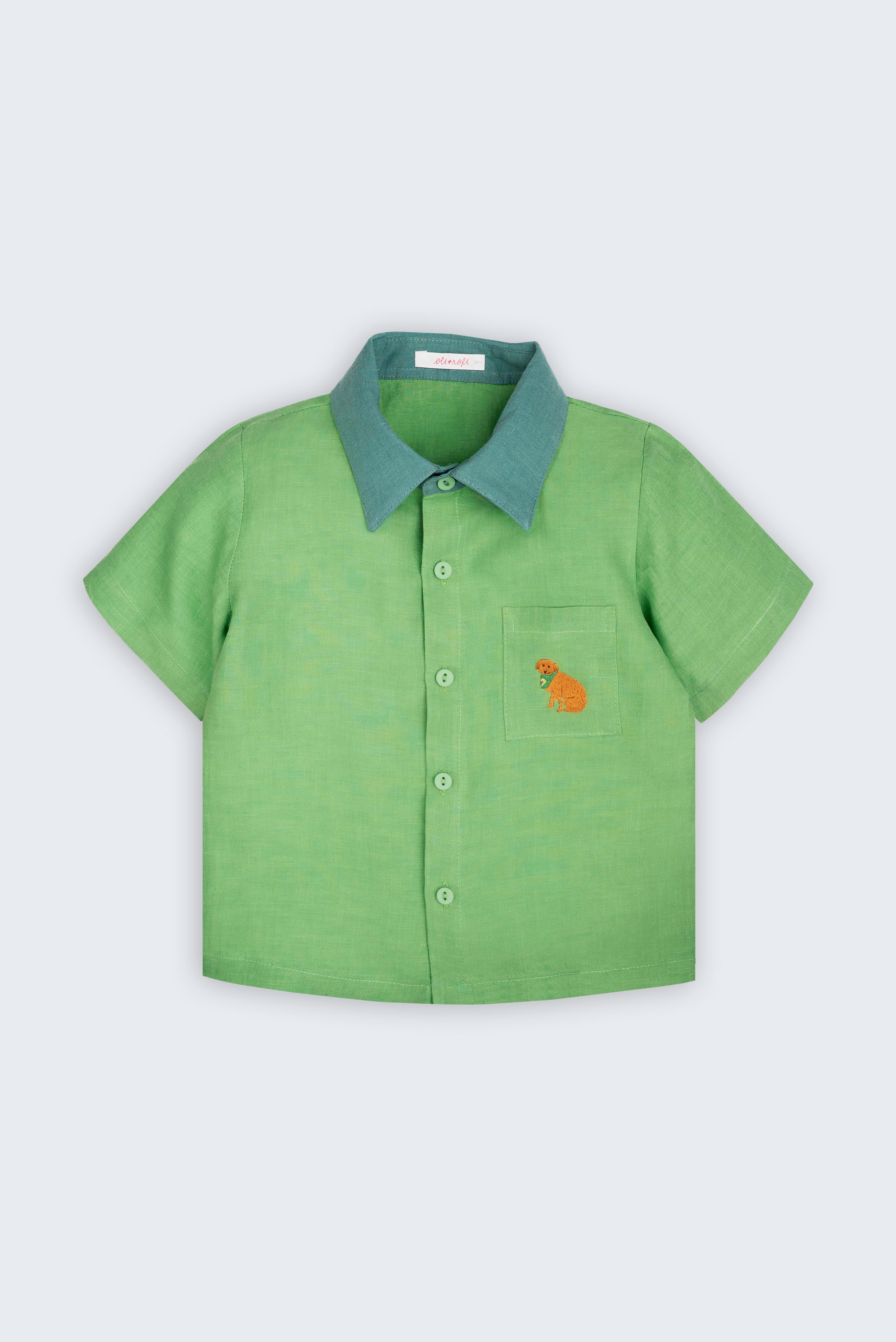 Camisa infantil Tom em linho verde com gola verde aspargo e cachorro caramelo bordado à mão no bolso frontal, vista de frente