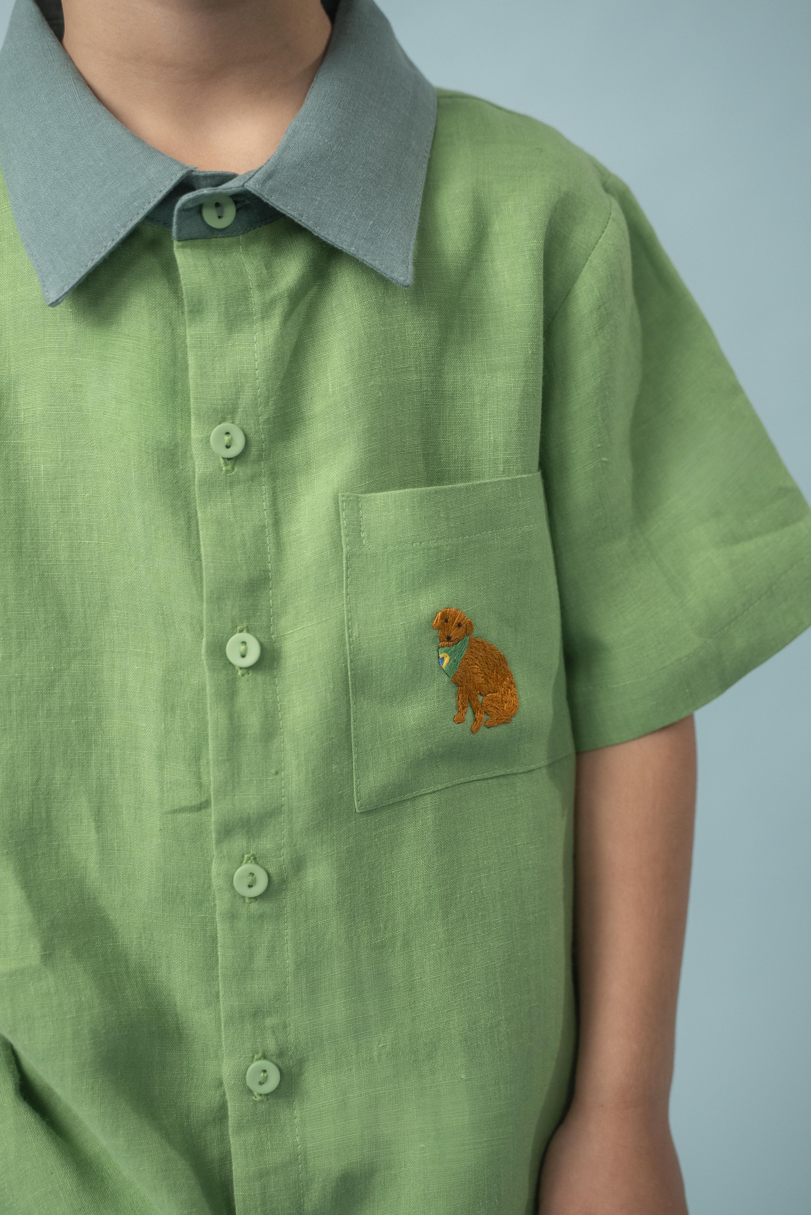 Menino usando camisa infantil verde em linho puro com gola verde aspargo e bordado à mão de cachorro caramelo