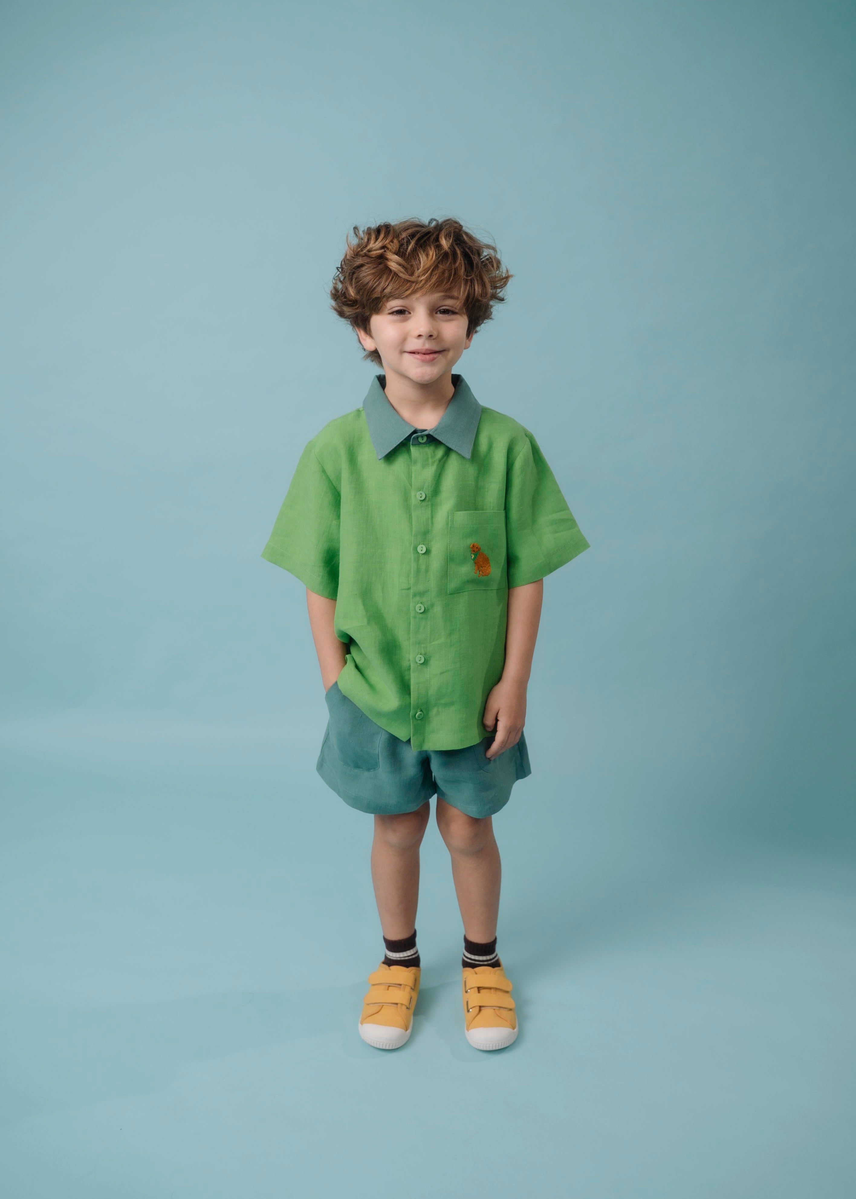 Menino usando Camisa Tom bicolor verde em linho puro com bordado de cachorro caramelo, combinada com shorts em mesmo tom da gola