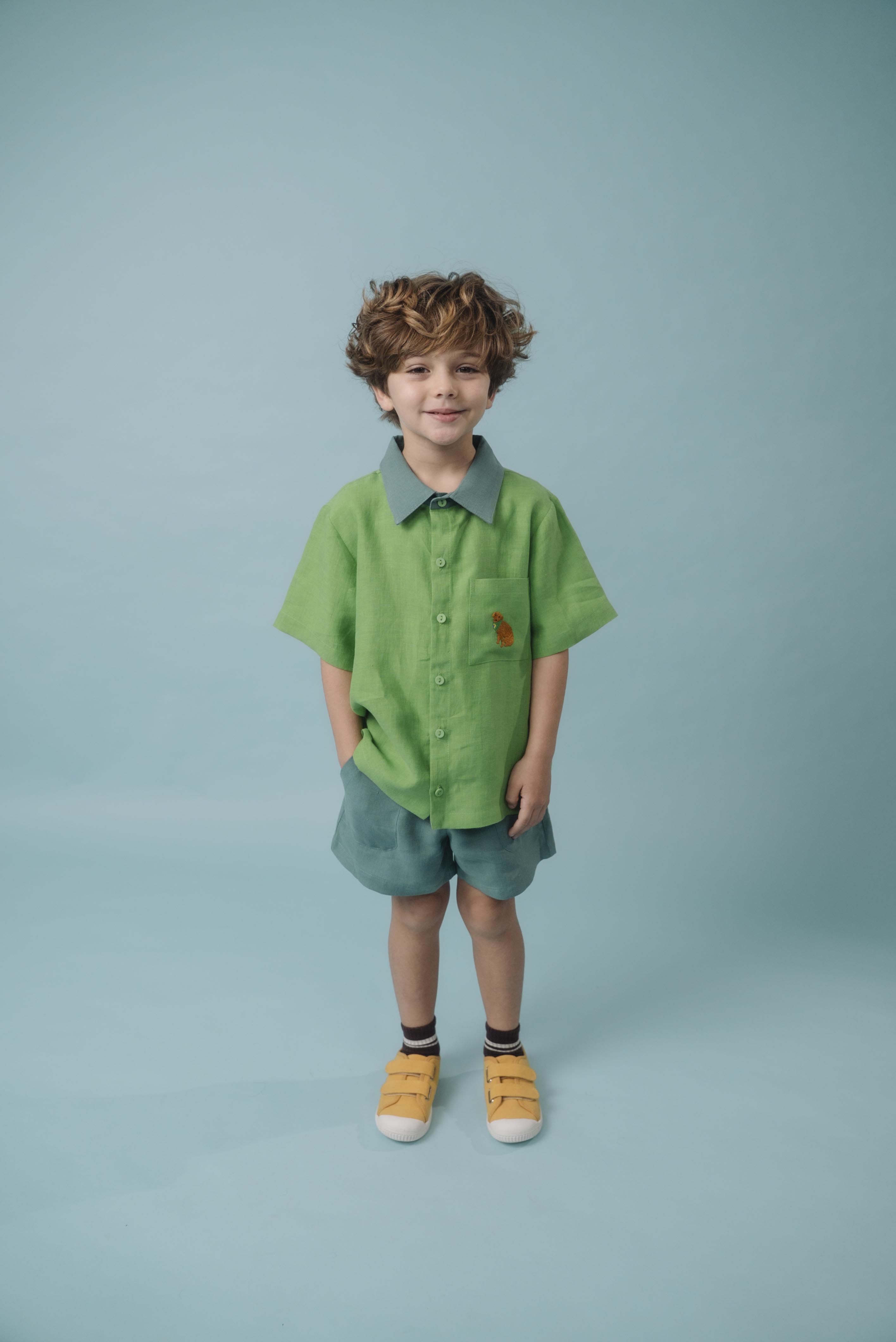 Menino usando Camisa Tom bicolor verde em linho puro com bordado de cachorro caramelo, combinada com shorts em mesmo tom da gola