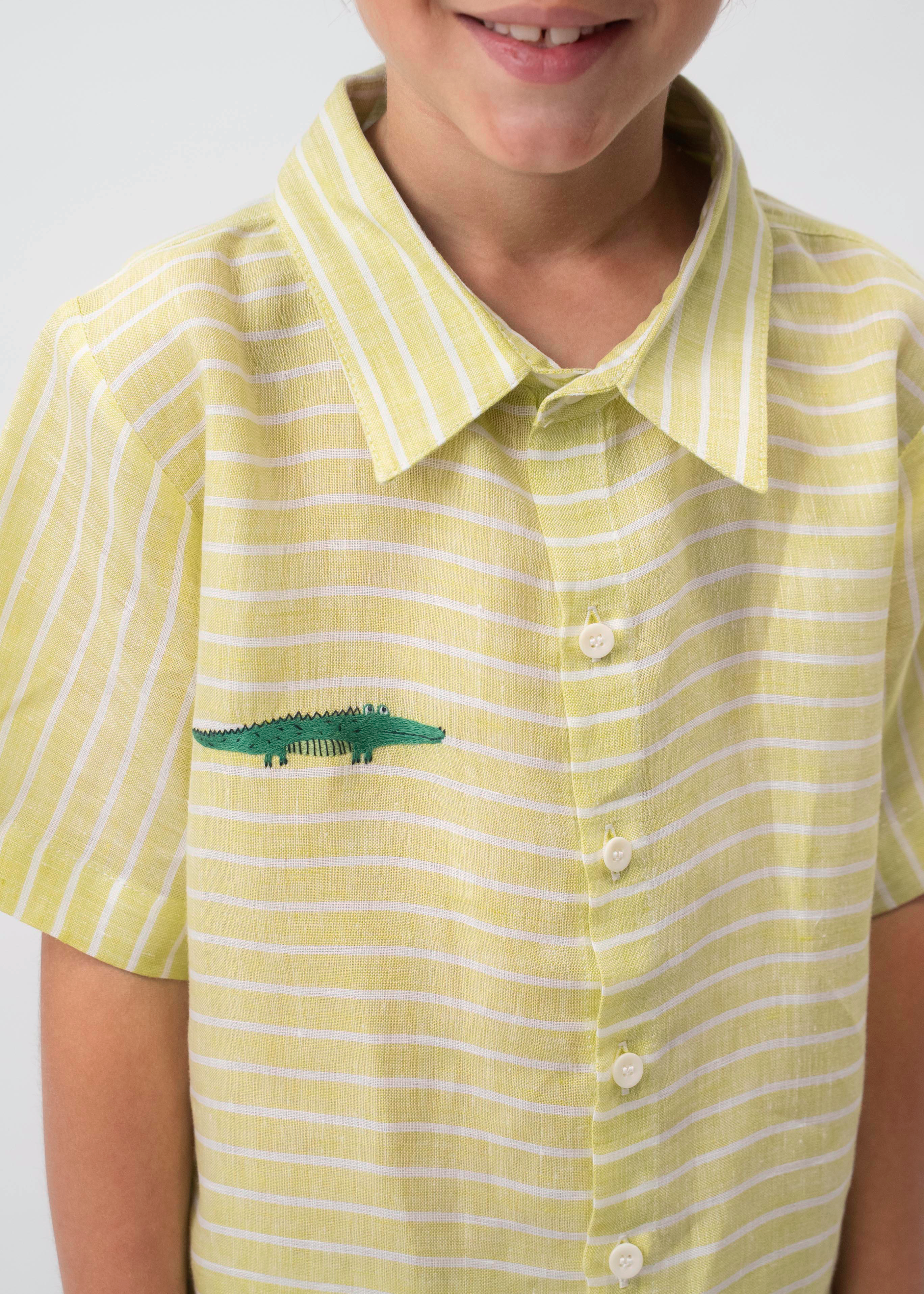 Detalhe da Camisa Tom em linho verde listrado vestida, com gola clássica, botões claros e jacaré bordado à mão.