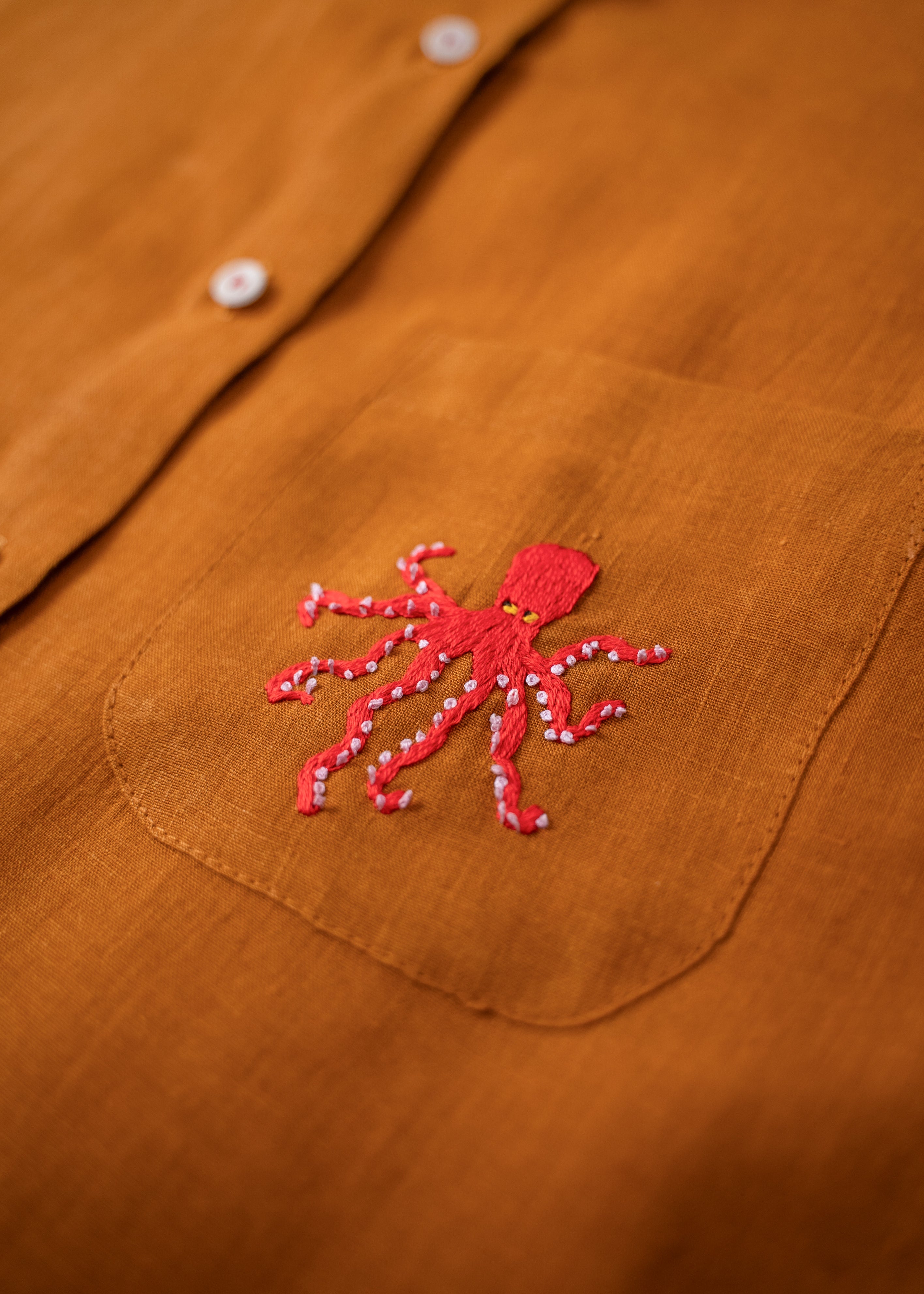 Close do polvo bordado à mão na camisa de linho terracota.