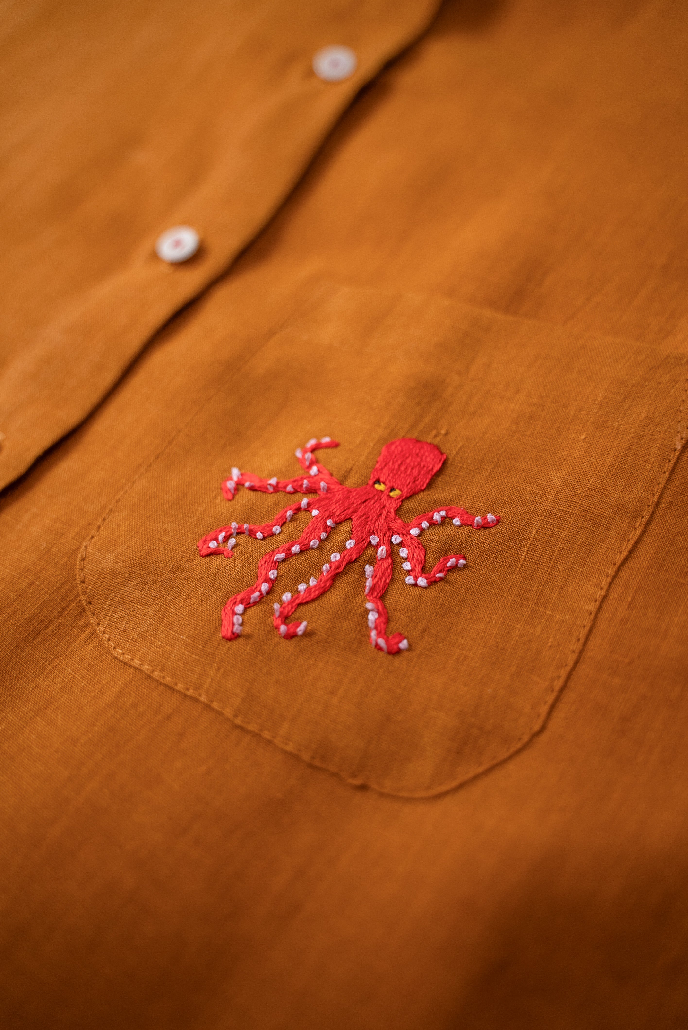 Close do polvo bordado à mão na camisa de linho terracota.