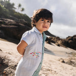 Menino com macaquinho de linho bicolor azul e verde com cardume de peixes bordado.