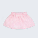 Saia infantil em linho listrado rosa e branco com elástico na cintura para meninas, vista de frente sobre fundo neutro.