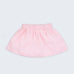 Saia infantil em linho listrado rosa e branco com elástico na cintura para meninas, vista de frente sobre fundo neutro.