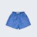 Shorts Chico infantil em 100% algodão BCI azul listrado fotografado de frente, com cintura de elástico e bolsos frontais.